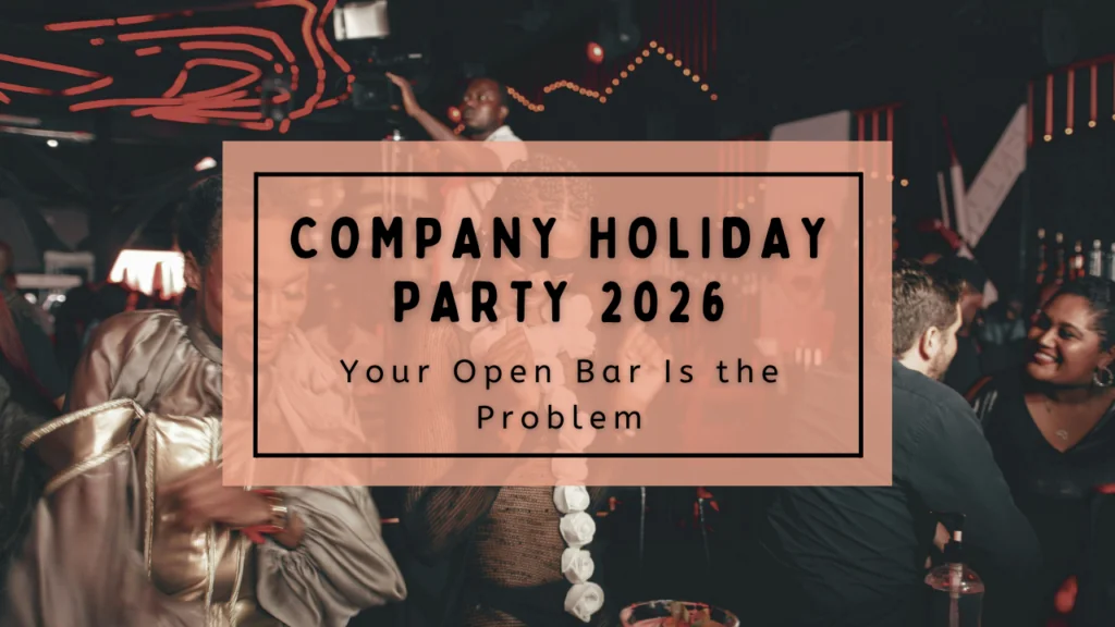 Company holiday party with guests gathered around a central activity instead of the bar