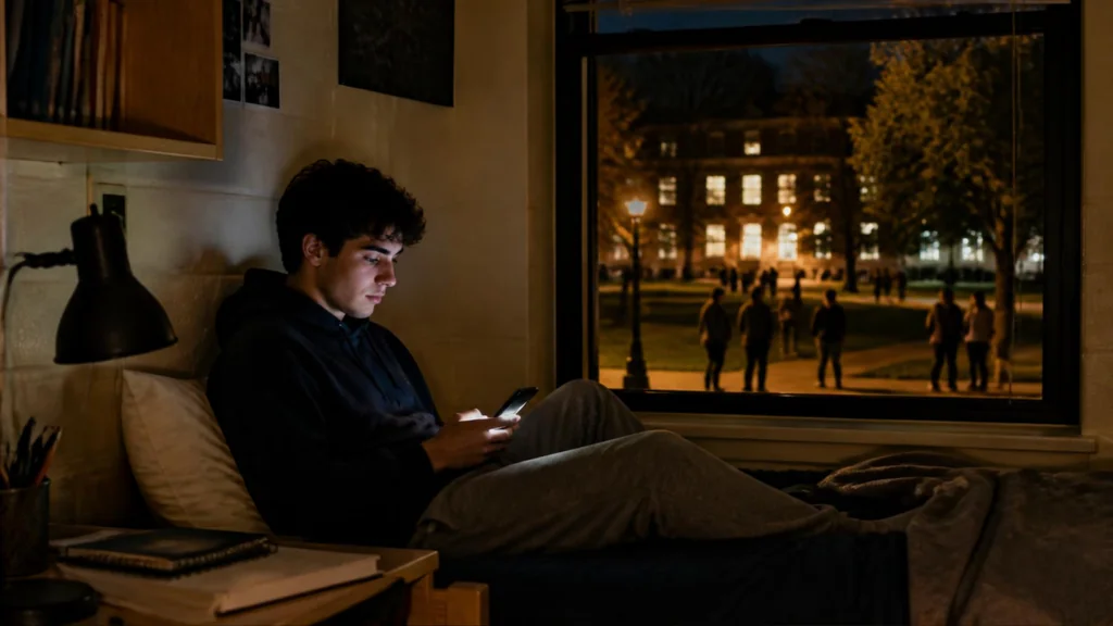 Lonely college student on phone instead of attending campus events
