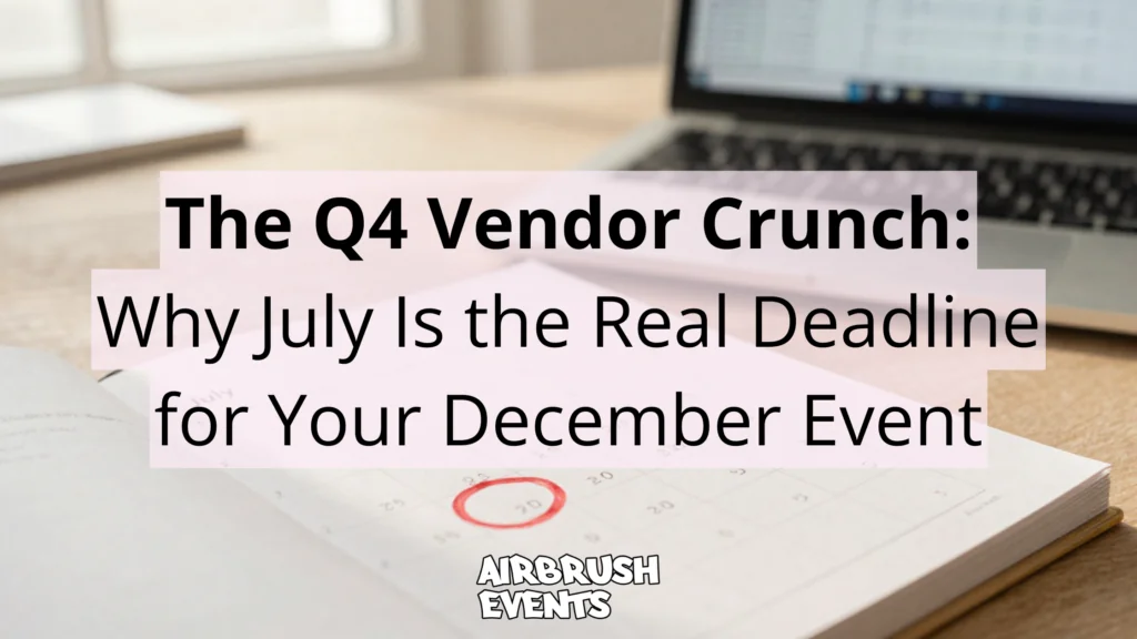 Paper calendar open to July with a date circled in red beside an event planning spreadsheet, representing the Q4 event planning deadline